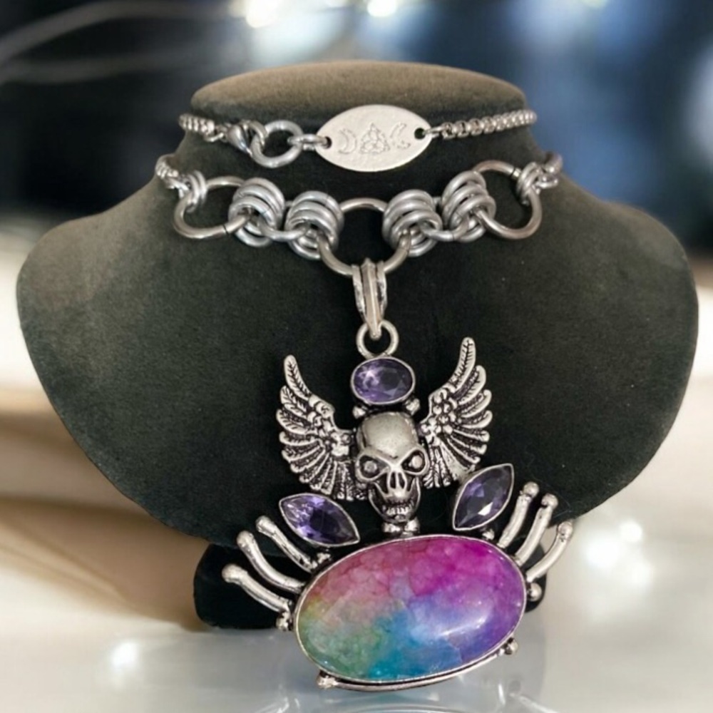 925 sterling silver overlay amethyst & rainbow solar quartz boho skull necklace